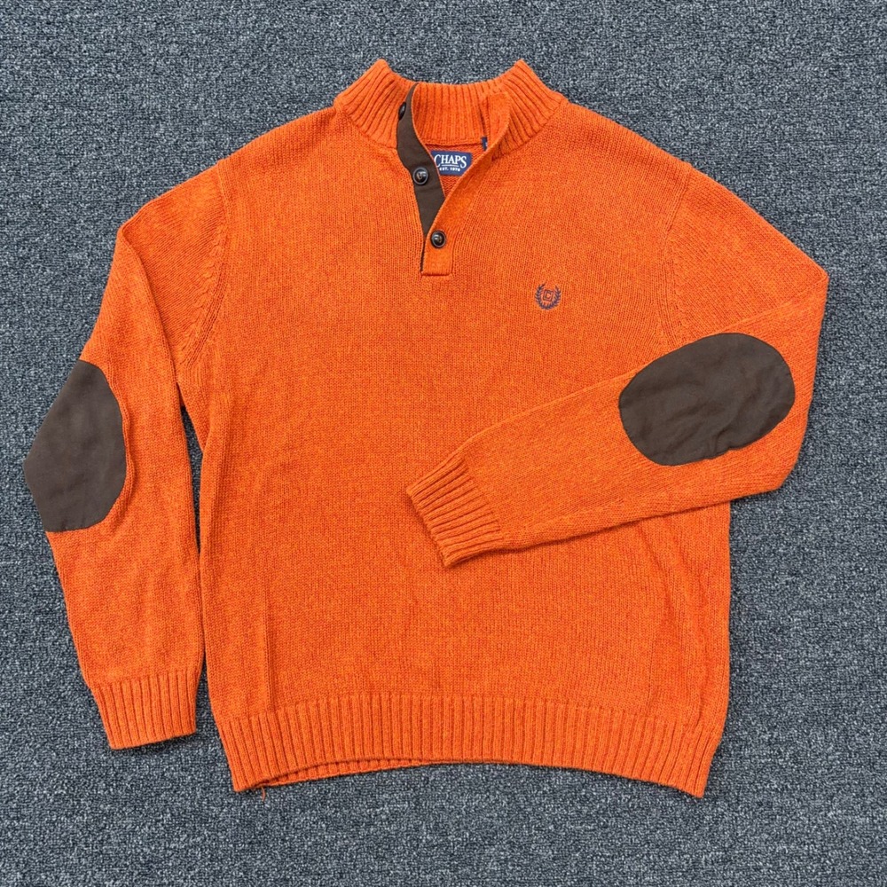 Vtg Chaps Quarter Button Sweater Mens L Orange Cotton Mock Neck Elbow Patches